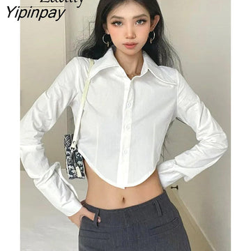 Yipinpay 2023 Spring Fashion Long Sleeve Women's white shirt Korea Style Button UP Solid crop top women Blouse Casual Clothing